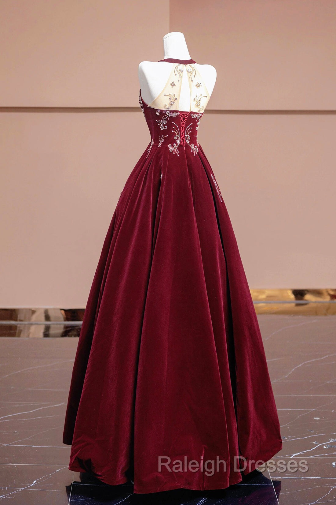 Burgundy Velvet Beaded Long Prom Dress, Elegant A-Line Evening Party Dress