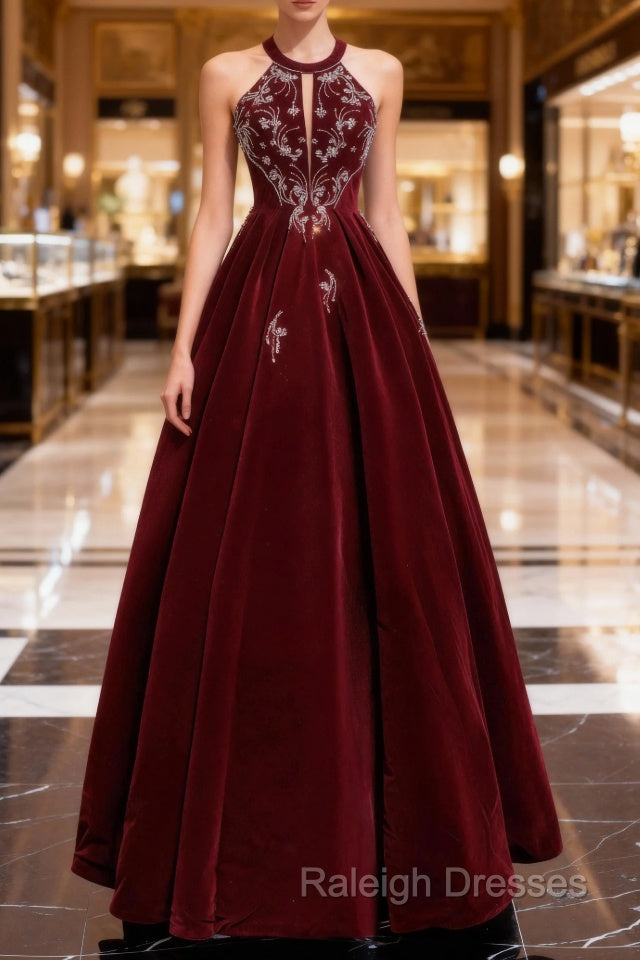Burgundy Velvet Beaded Long Prom Dress, Elegant A-Line Evening Party Dress Main image