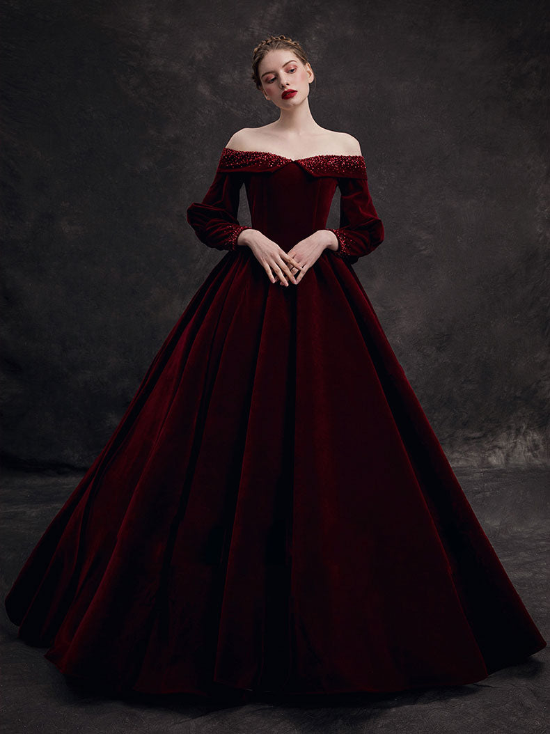 Burgundy Velvet Beads Long Formal Prom Dress, Burgundy Prom Dress Secondary image