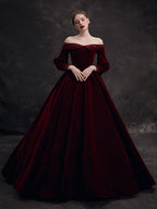 Burgundy Velvet Beads Long Formal Prom Dress, Burgundy Prom Dress