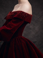 Burgundy Velvet Beads Long Formal Prom Dress, Burgundy Prom Dress
