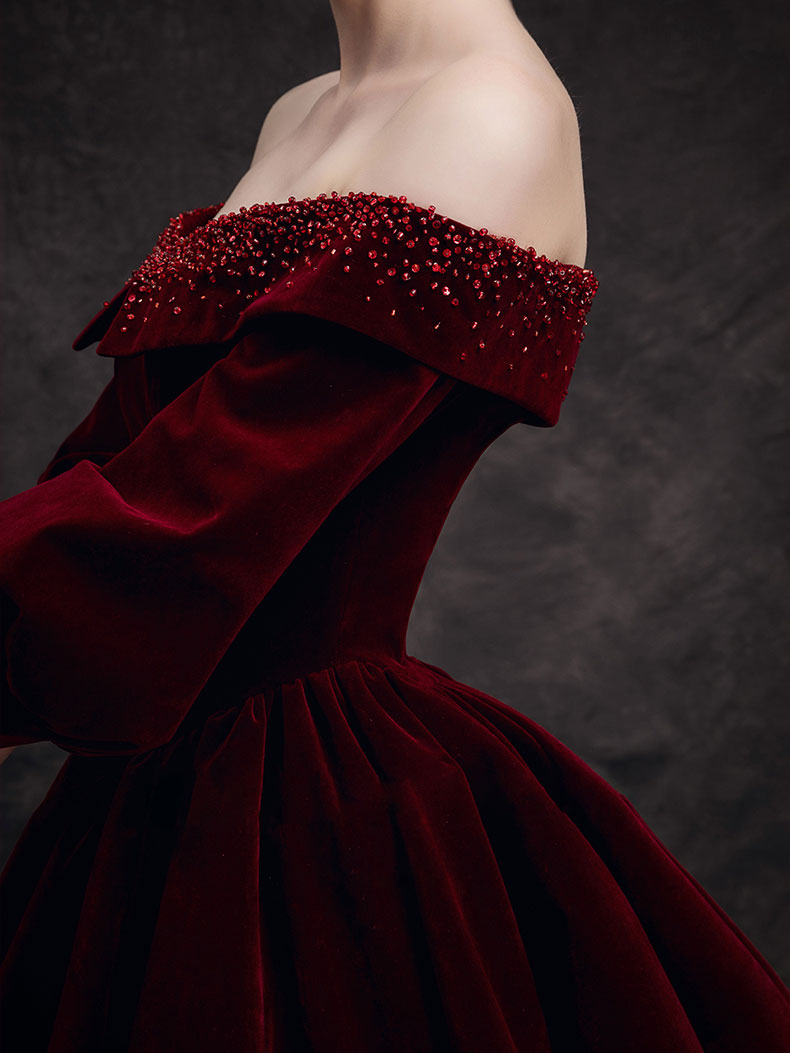 Burgundy Velvet Beads Long Formal Prom Dress, Burgundy Prom Dress