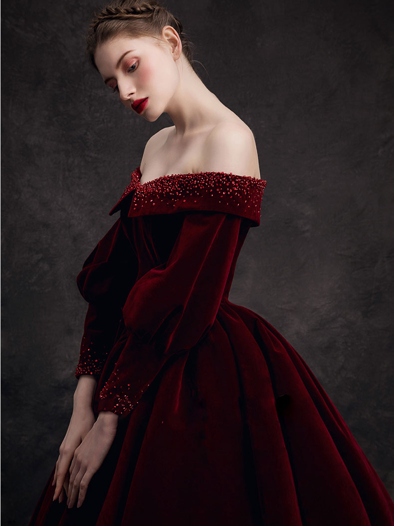 Burgundy Velvet Beads Long Formal Prom Dress, Burgundy Prom Dress