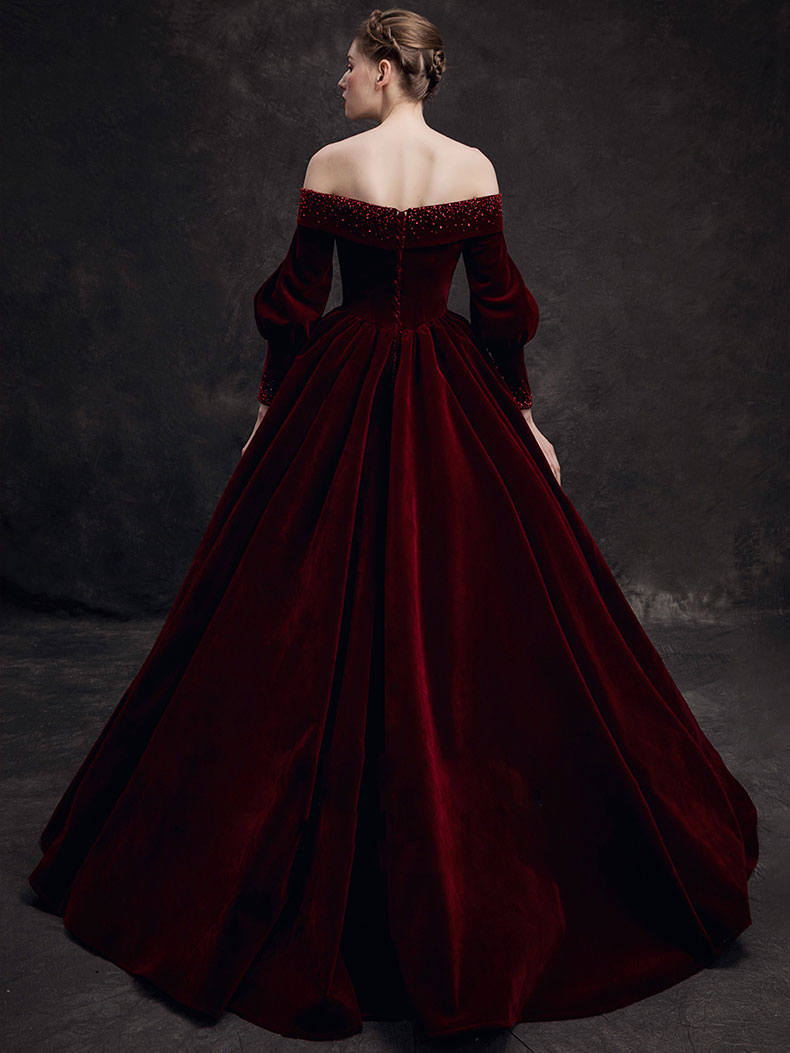 Burgundy Velvet Beads Long Formal Prom Dress, Burgundy Prom Dress