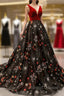 Burgundy Velvet Black Tulle Embroidery V-neck Backless Haute Couture Prom Dress