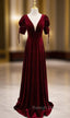 Burgundy Velvet Dee V-neck Short Sleeve Prom Dress