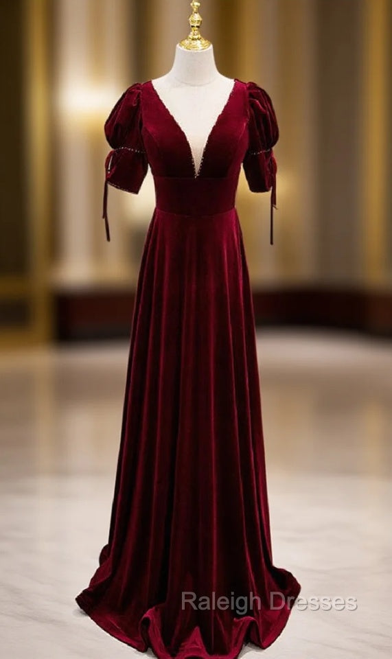 Burgundy Velvet Dee V Neck Short Sleeve Prom Dress