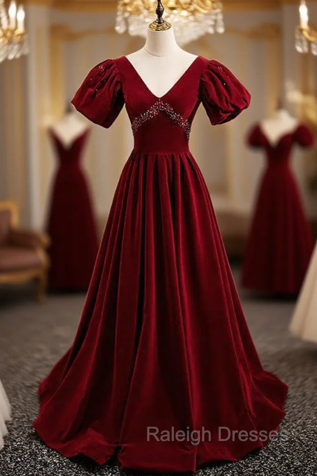 Burgundy Velvet Deep V-neck Backless Crystal Prom Dress Main image