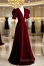 Burgundy Velvet Deep V-neck Puff Sleeve Prom Dress