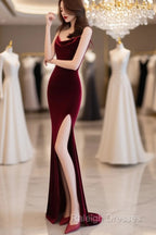 Burgundy Velvet Floor Length Mermaid Prom Dress, Velvet Bridesmaid Dresses