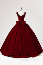 Burgundy Velvet Floor Length Prom Dress, A-Line Evening Party Dress With Flowers
