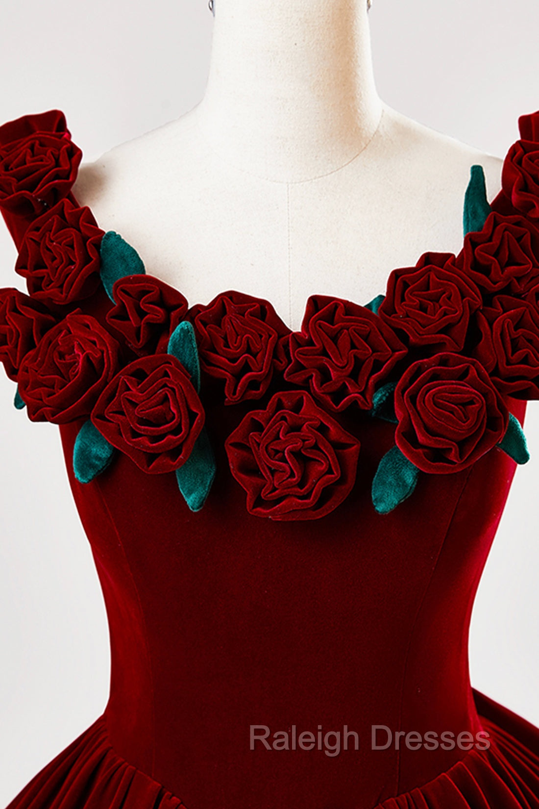 Burgundy Velvet Floor Length Prom Dress, A-Line Evening Party Dress With Flowers