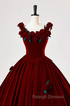 Burgundy Velvet Floor Length Prom Dress, A-Line Evening Party Dress With Flowers