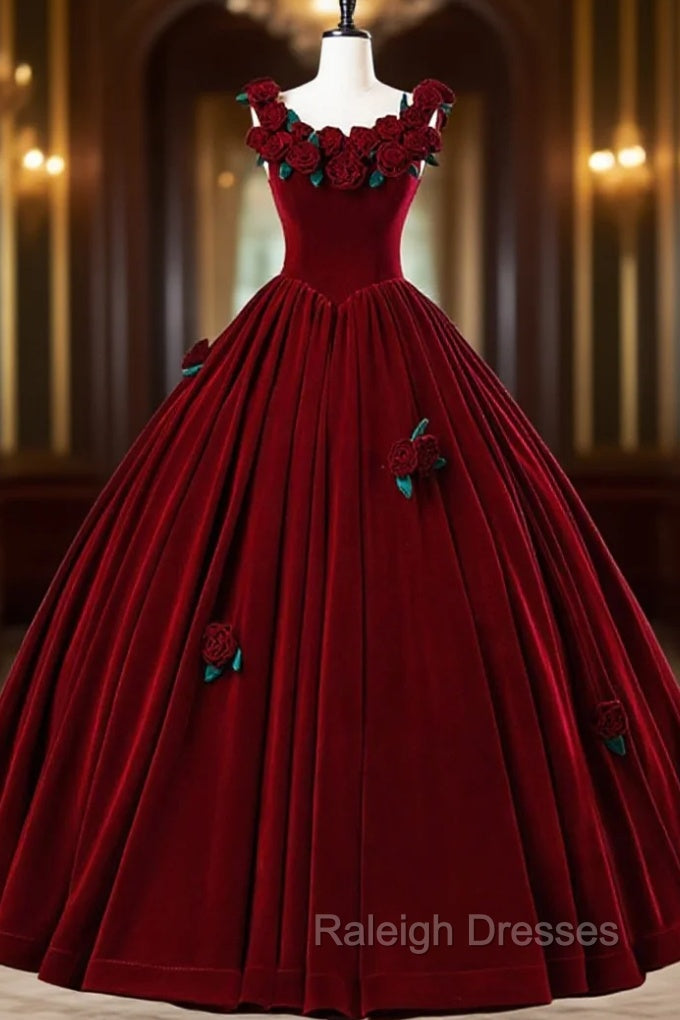 Burgundy Velvet Floor Length Prom Dress, A-Line Evening Party Dress With Flowers