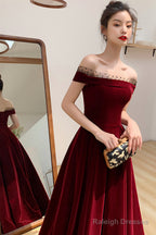 Burgundy Velvet Floor Length Prom Dress, Beautiful A-Line Evening Party Dress