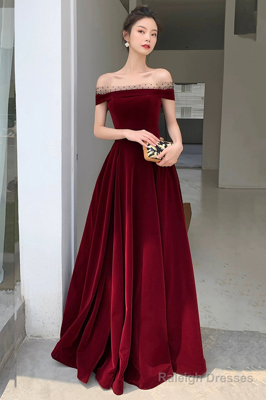 Burgundy Velvet Floor Length Prom Dress, Beautiful A-Line Evening Party Dress Main image