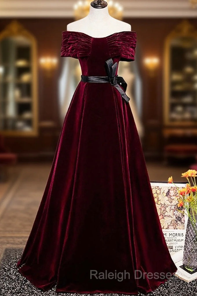 Burgundy Velvet Floor Length Prom Dress, Elegant Off The Shoulder Party Dress Main image