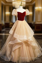 Burgundy Velvet Glitter Cascading Ruffles Prom Dress, Champagne Tulle Floor Length Evening Dress