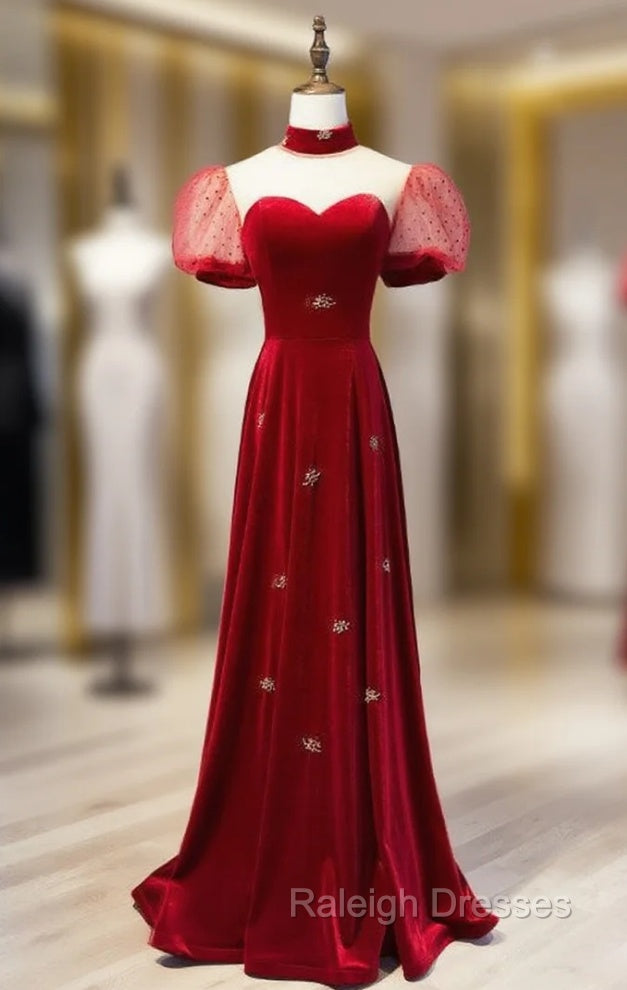 Burgundy Velvet High Neck Puff Sleeve Prom Dress