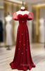 Burgundy Velvet High Neck Puff Sleeve Prom Dress