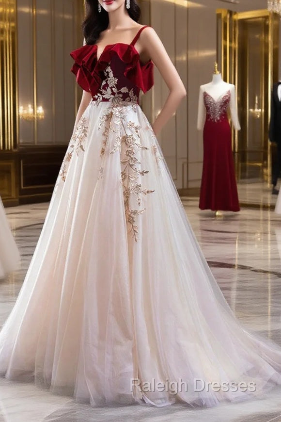 Burgundy Velvet Lace Long Prom Dress, A-Line Off Shoulder Evening Dress Secondary image