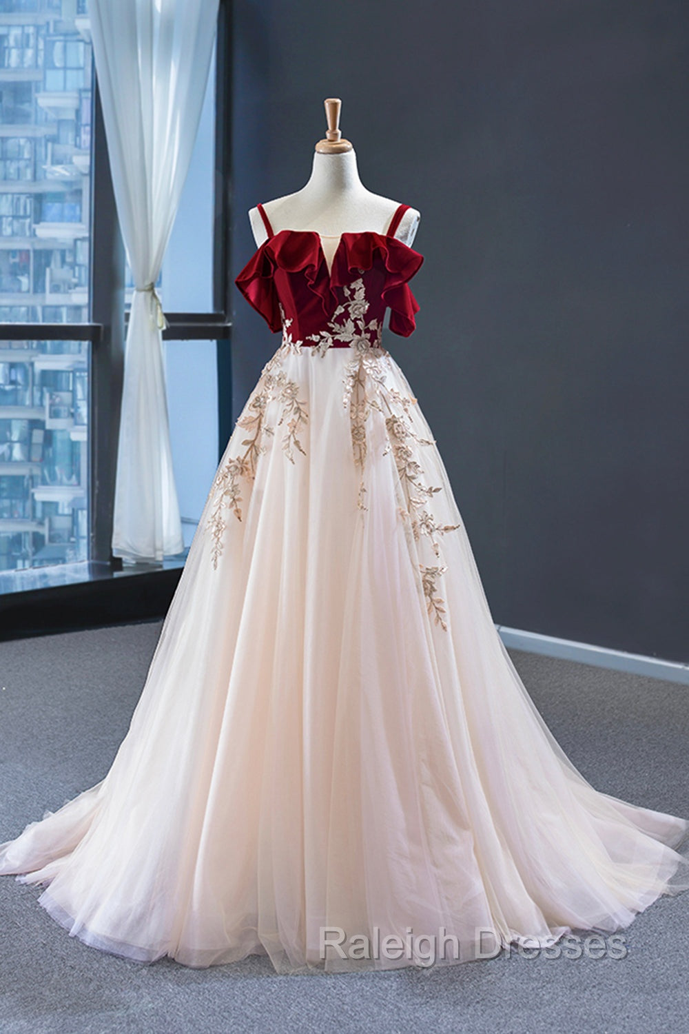 Burgundy Velvet Lace Long Prom Dress, A Line Off Shoulder Prom Dress Main image