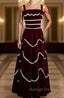 Burgundy Velvet Lace Straps Pearls Prom Dress