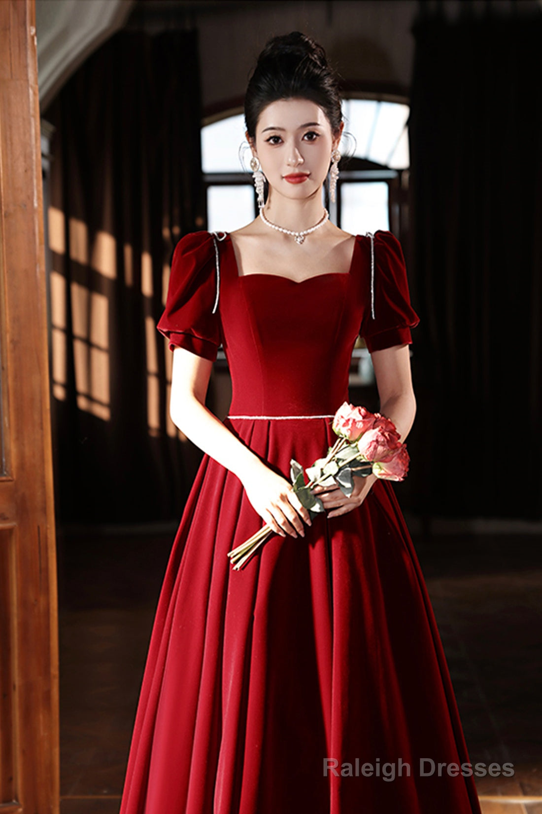 Burgundy Velvet Long A-Line Prom Dress, A-Line Short Sleeve Evening Party Dress Secondary image