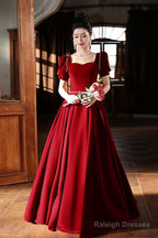 Burgundy Velvet Long A-Line Prom Dresses A-Line Short Sleeve Prom Dresses