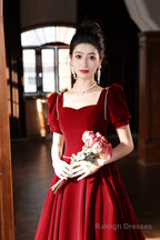 Burgundy Velvet Long A-Line Prom Dress, A-Line Short Sleeve Evening Party Dress