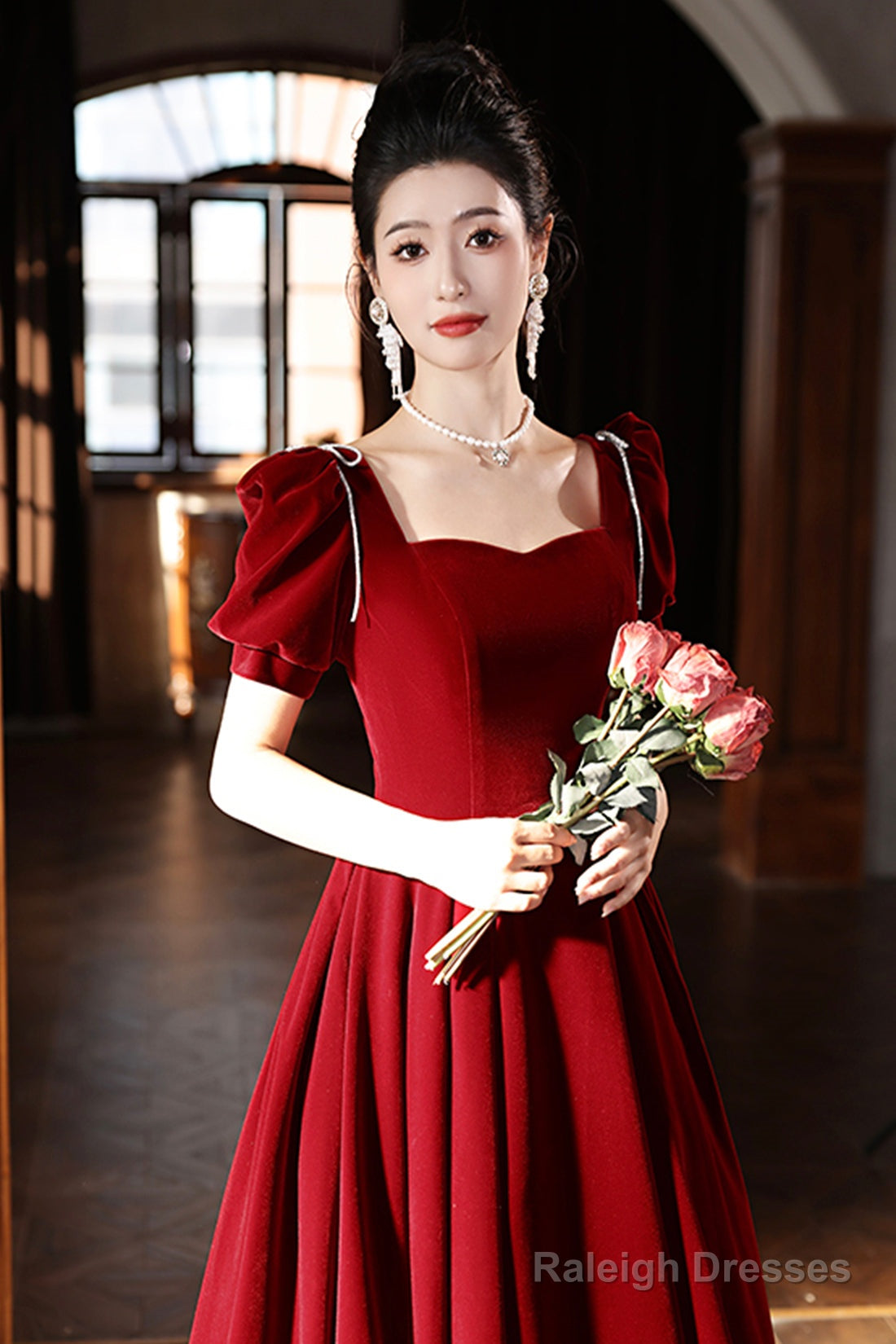 Burgundy Velvet Long A-Line Prom Dresses A-Line Short Sleeve Prom Dresses