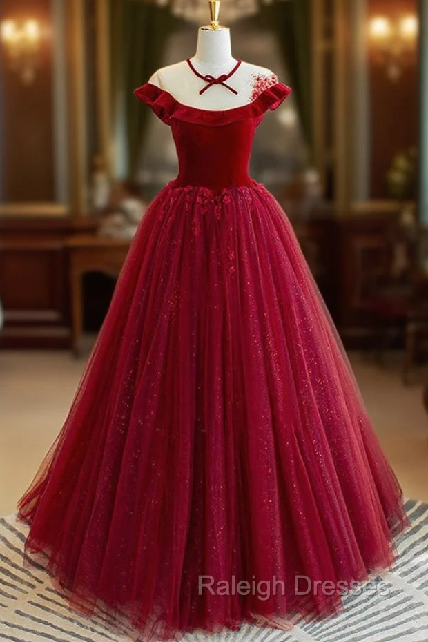 Burgundy Velvet Long A-Line Prom Dress, Burgundy Formal Evening Dress Main image
