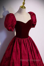 Burgundy Velvet Long A Line Prom Dress, Burgundy Short Sleeve Prom Dress