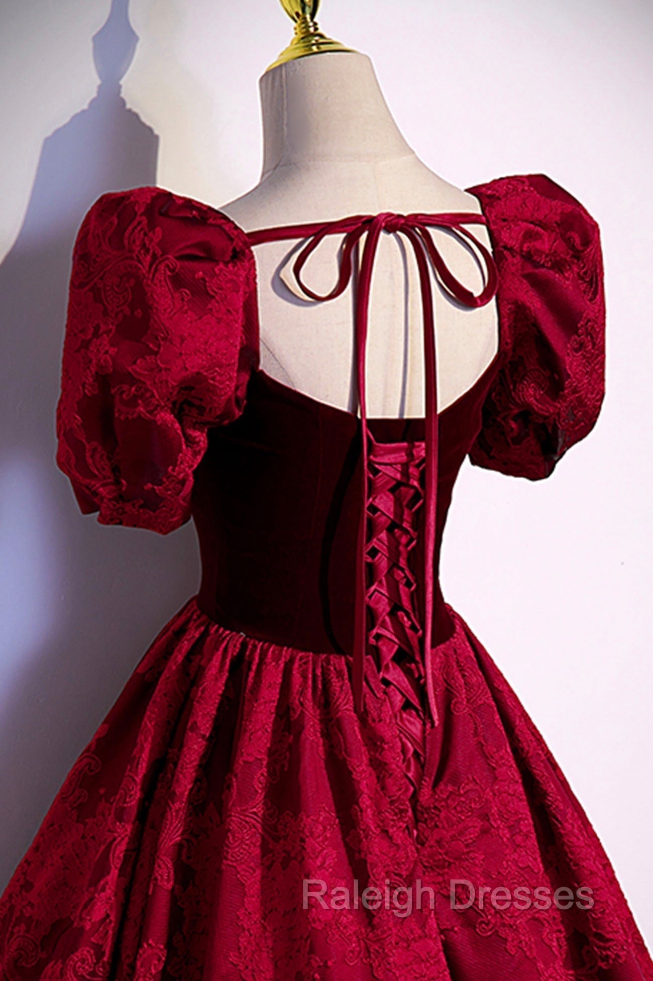 Burgundy Velvet Long A-Line Prom Dress, Burgundy Short Sleeve Evening Dress