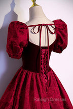 Burgundy Velvet Long A Line Prom Dress, Burgundy Short Sleeve Prom Dress