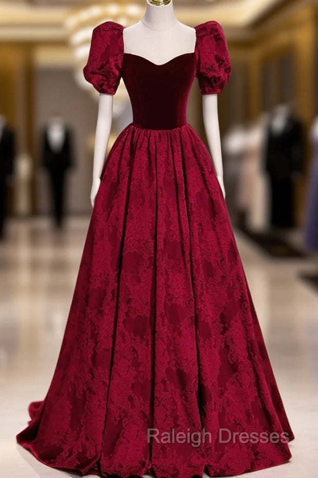 Burgundy Velvet Long A-Line Prom Dress, Burgundy Short Sleeve Evening Dress