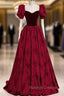 Burgundy Velvet Long A Line Prom Dress, Burgundy Short Sleeve Prom Dress