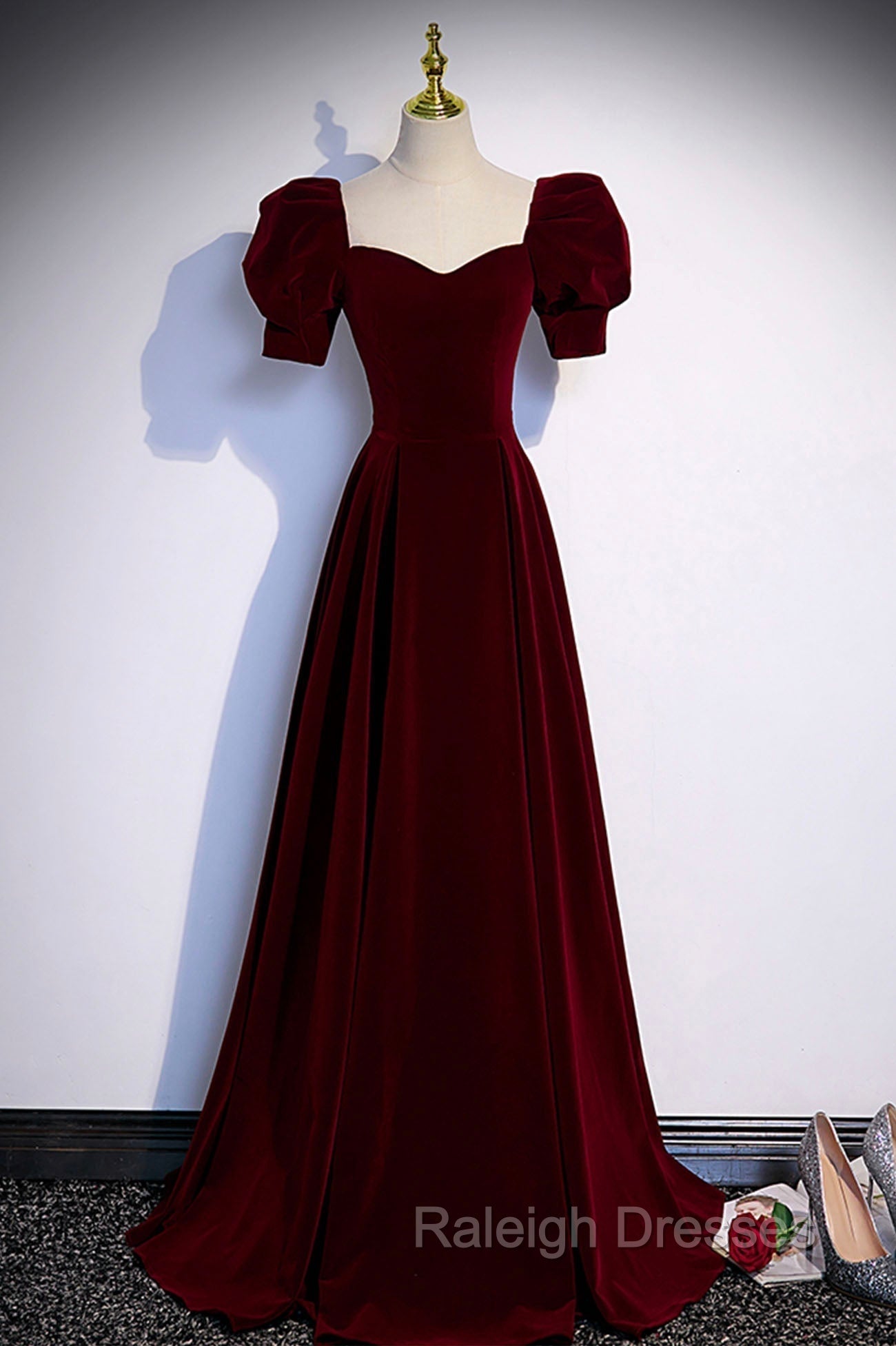 Burgundy Velvet Long A-Line Prom Dress, Simple Short Sleeve Party Dress Main image