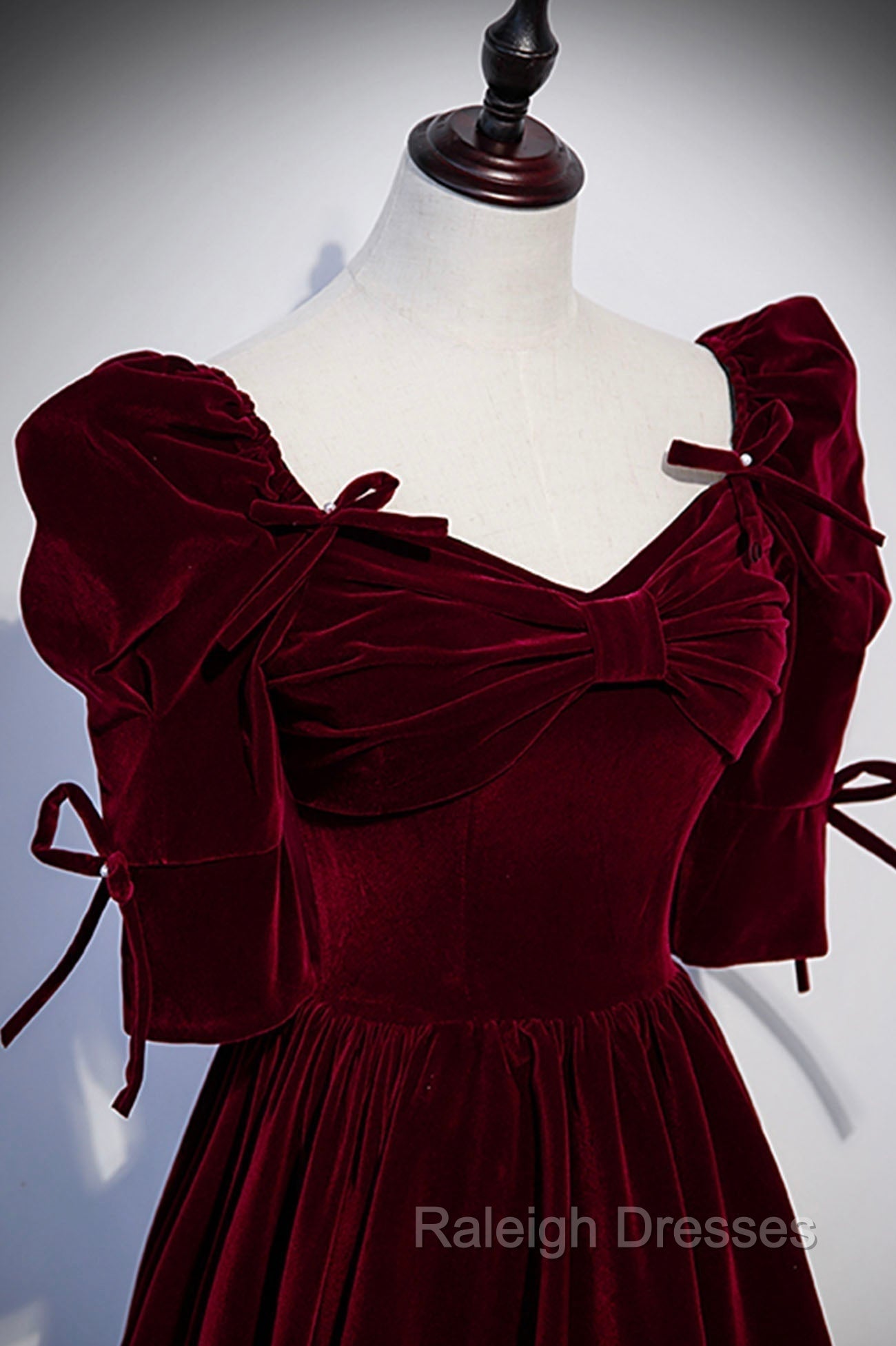 Burgundy Velvet Long Evening Party Dress, A-Line Short Sleeve Prom Dress Secondary image