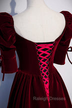 Burgundy Velvet Long Prom Prom Dress, A Line Short Sleeve Prom Dress