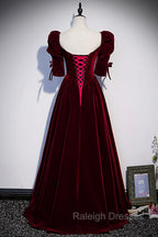 Burgundy Velvet Long Evening Party Dress, A-Line Short Sleeve Prom Dress