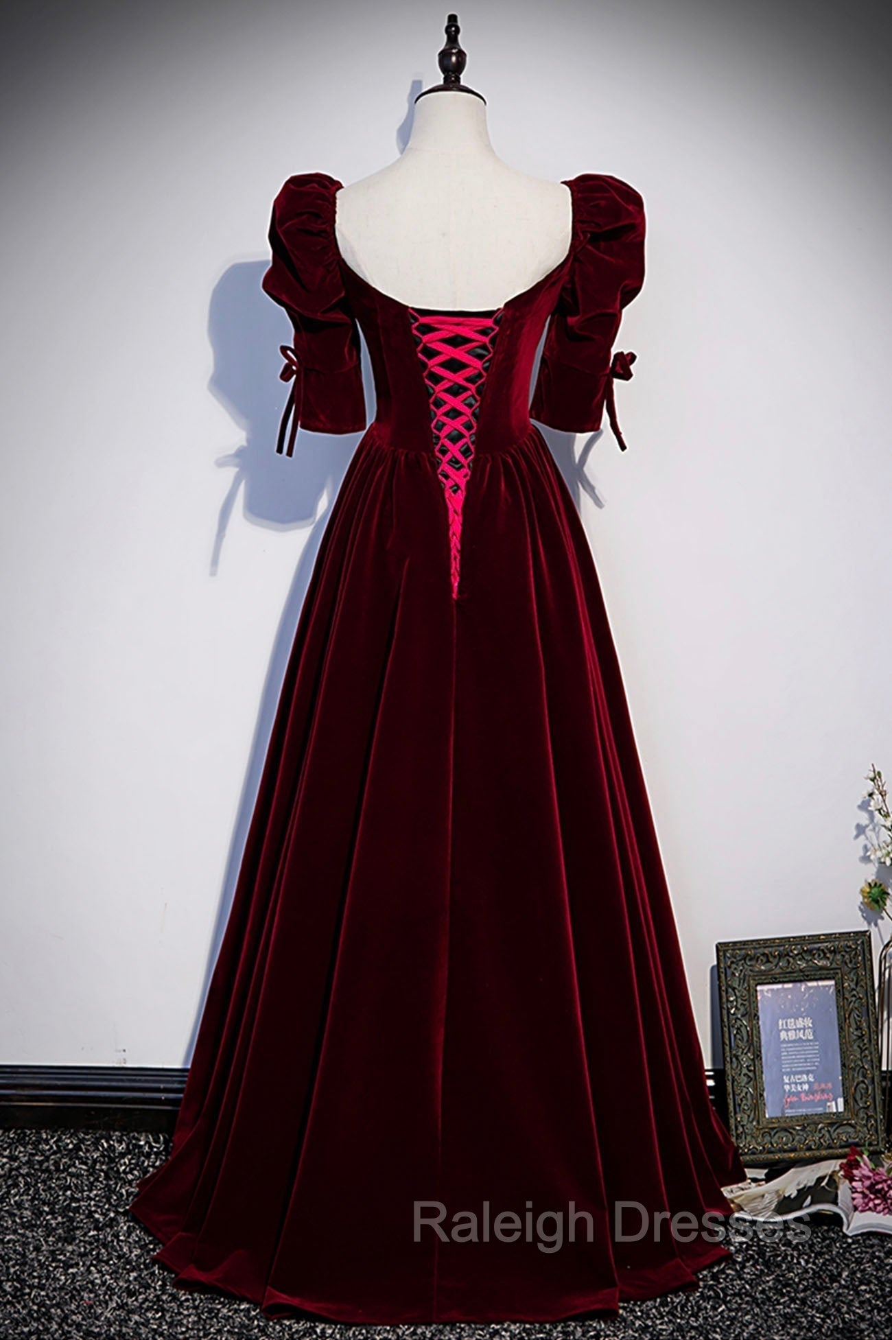 Burgundy Velvet Long Evening Party Dress, A-Line Short Sleeve Prom Dress