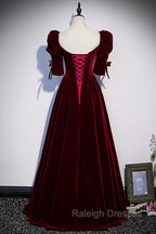 Burgundy Velvet Long Prom Prom Dress, A Line Short Sleeve Prom Dress