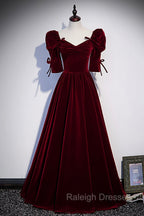 Burgundy Velvet Long Prom Prom Dress, A Line Short Sleeve Prom Dress