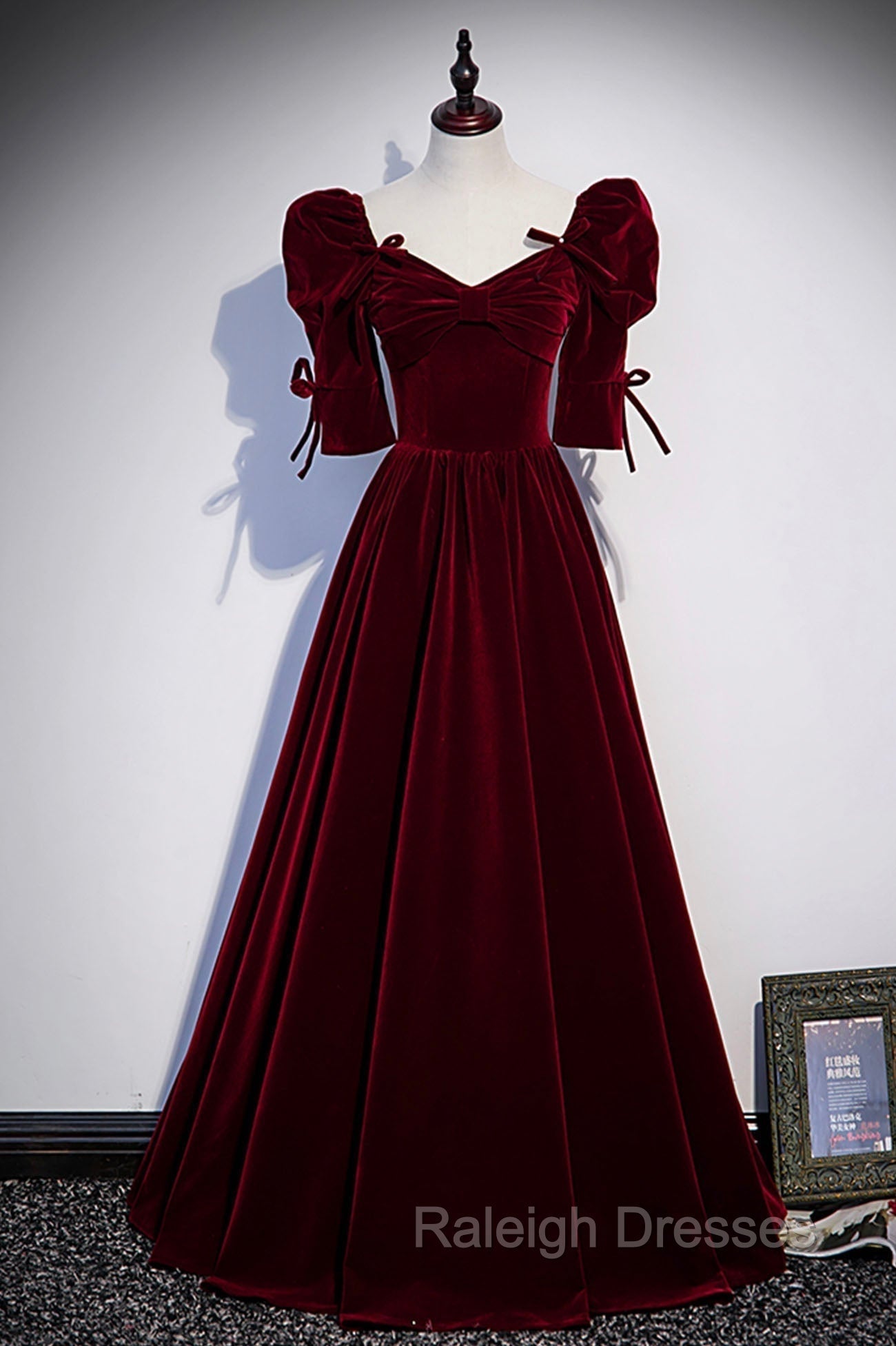 Burgundy Velvet Long Prom Prom Dress, A Line Short Sleeve Prom Dress