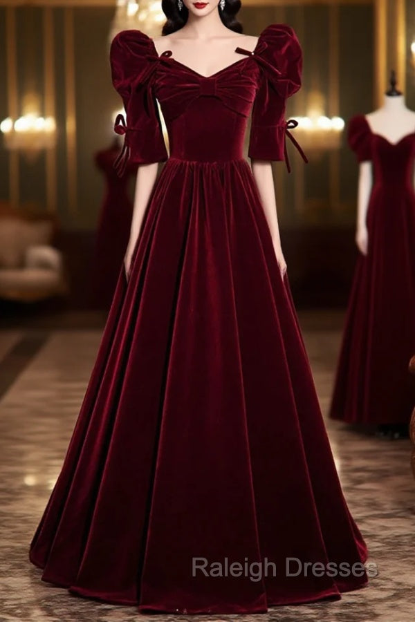 Burgundy Velvet Long Evening Party Dress, A-Line Short Sleeve Prom Dress Main image