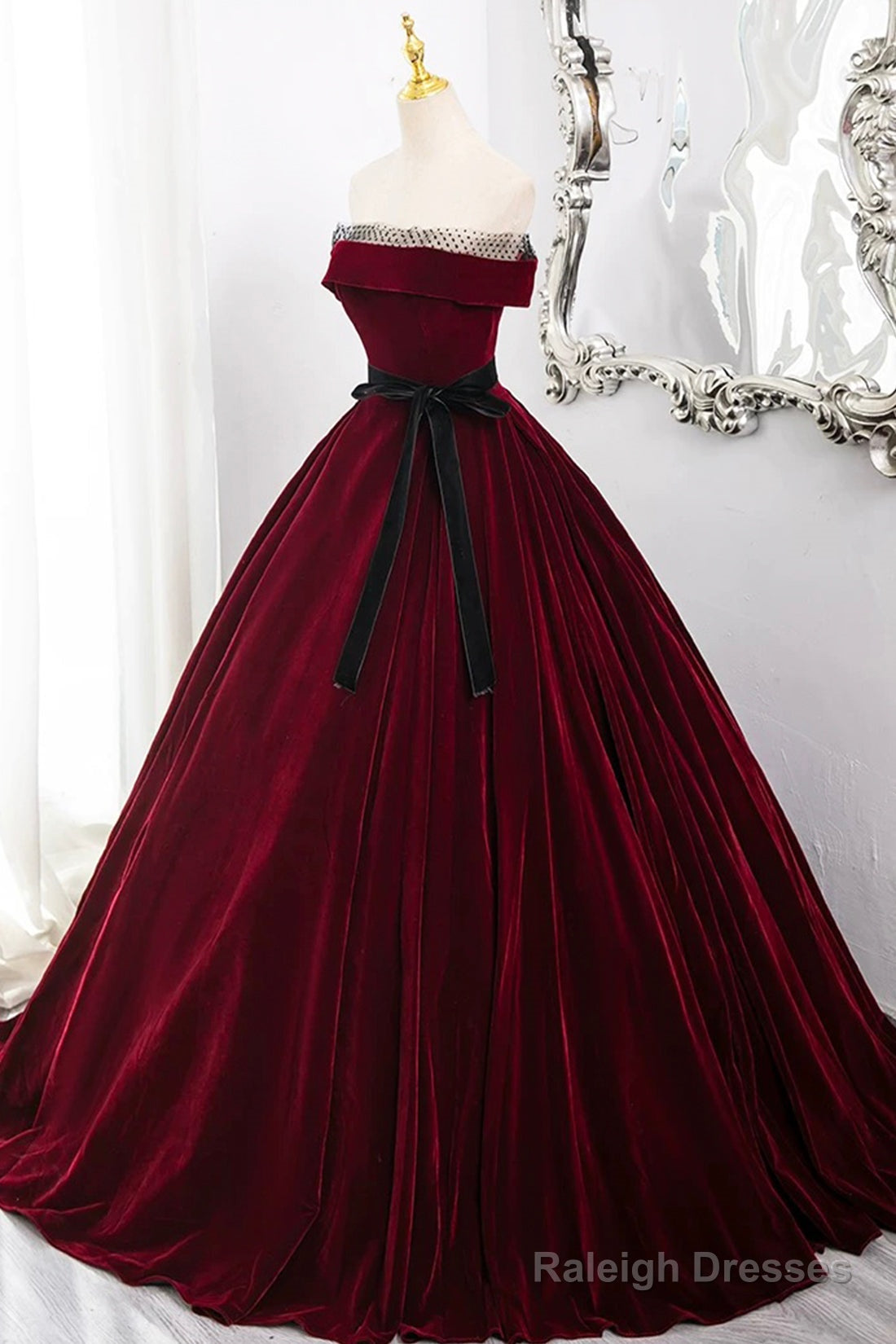 Burgundy Velvet Long Formal Dress, Off The Shoulder Evening Party Dress
