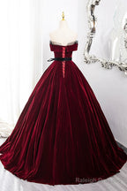 Burgundy Velvet Long Formal Dress, Off The Shoulder Evening Party Dress