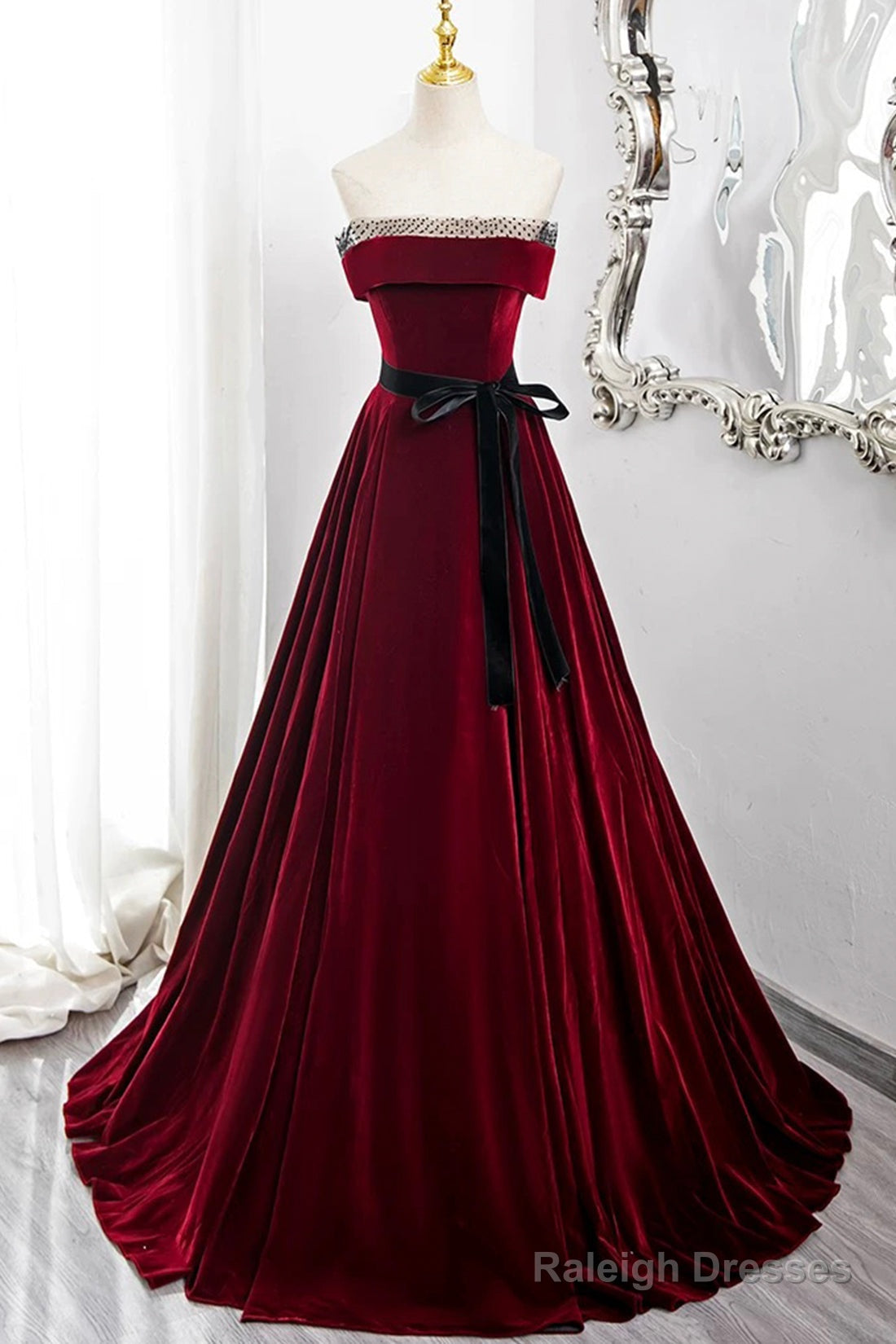 Burgundy Velvet Long Formal Dress, Off The Shoulder Evening Party Dress