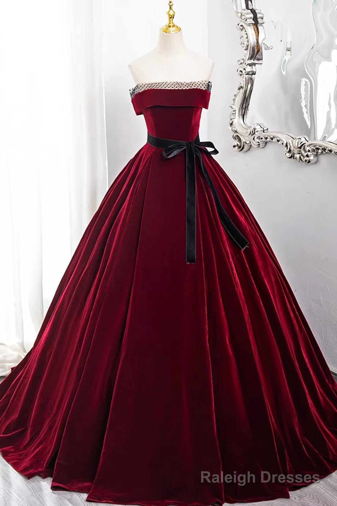 Burgundy Velvet Long Formal Dress, Off The Shoulder Evening Party Dress Main image